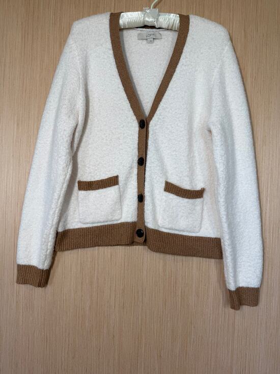 LOFT Sweaters - Loft Plush Ribbed Trim Cardigan Sweater Size Large Cream Tan Preppy Minimalist